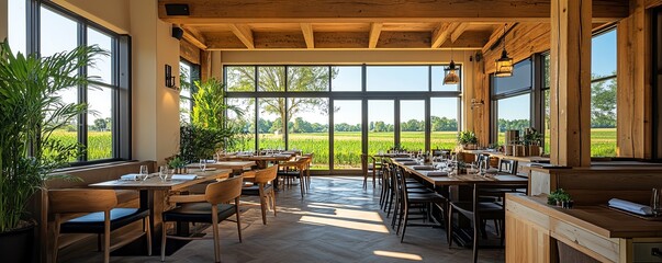 A farmtotable restaurant interior with wooden beams, large windows overlooking the fields, and a warm, inviting atmosphere, Farmtotable restaurant, cozy and natural