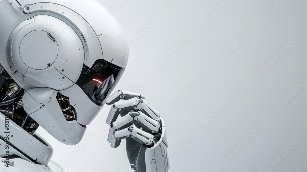 Poster a sleek, white robot in a thoughtful pose, symbolizing artificial intelligence, robotics, and futuri