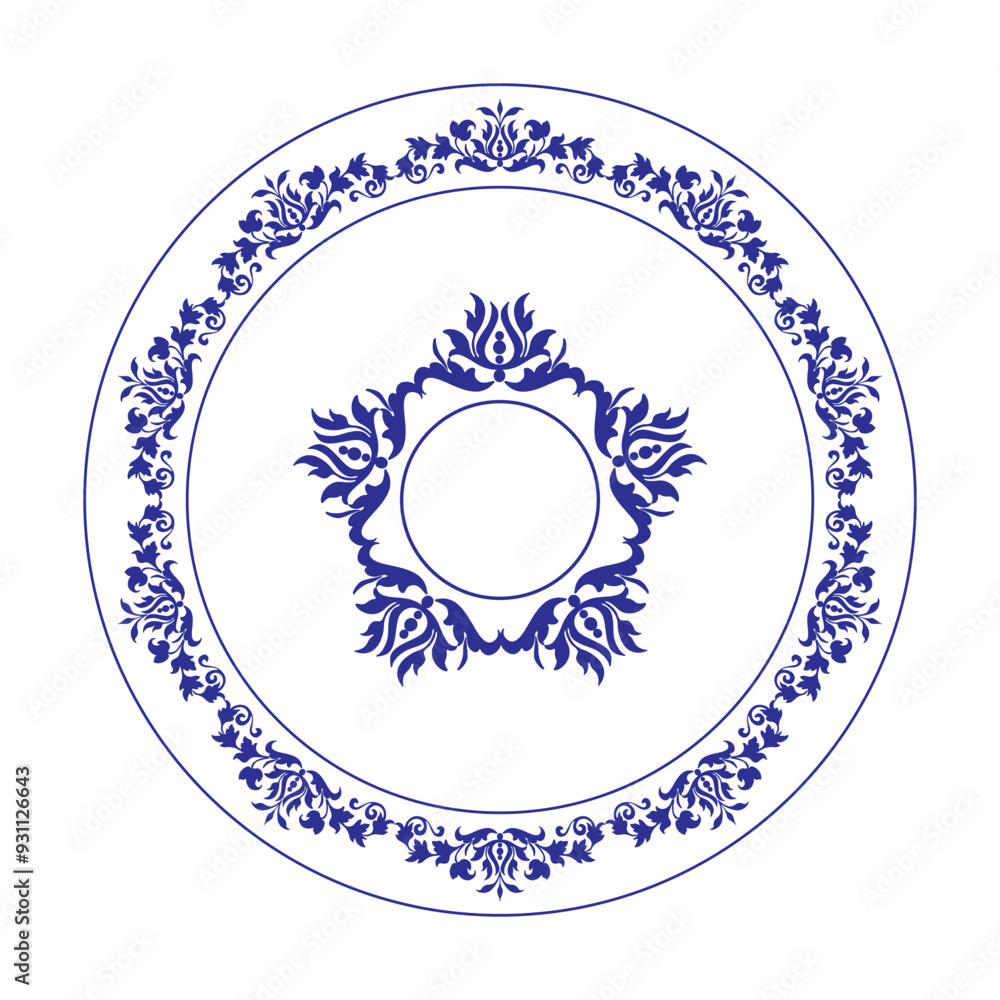 Wall mural beautiful round frame arabesque. blue white plate with a large element in the center. vintage, ethni