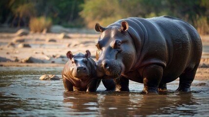 Obraz premium Hippopotamus and baby in a waterhole