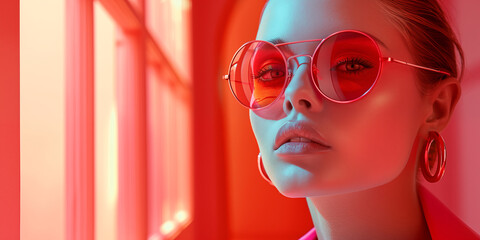Portrait of model wearing round reddish glasses. Concept of fashion eyewear and contemporary style.