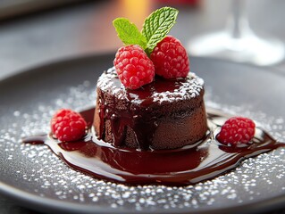 A gourmet chocolate fondant with a molten center, served with a raspberry coulis and mint leaves, Gourmet chocolate dessert, decadent presentation