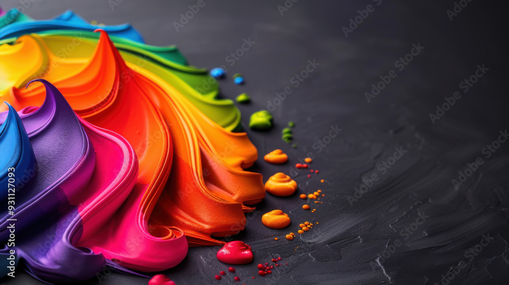 Poster a striking display of colorful, textured paint strokes arranged in a rainbow pattern on a dark, text