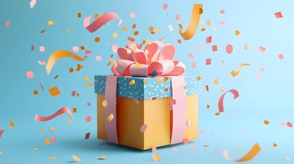Colorful gift box with ribbon and confetti on blue background. Perfect for celebrations, birthdays, and special occasions.