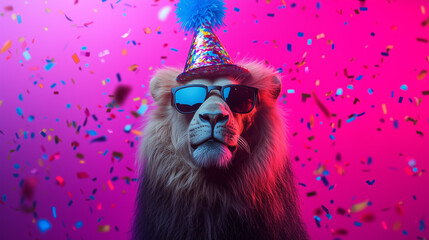 A birthday party lion with a hat and confetti