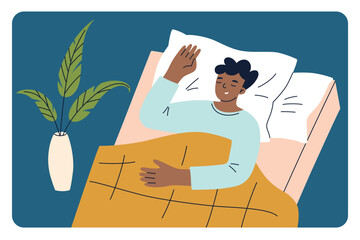 Fototapeta premium Vector illustration of a man peacefully sleeping in bed, covered with a blanket. Cozy scene with comfortable bedding. Sleep hygiene and bedtime habits. Ideal for themes of relaxation, and wellness