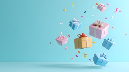 Fototapeta premium Colorful gift boxes with ribbons and confetti floating against a light blue background, ideal for celebrations and festive occasions.