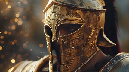 Obraz premium Close-up of a warrior's golden helmet with intricate detail and a blurred background.