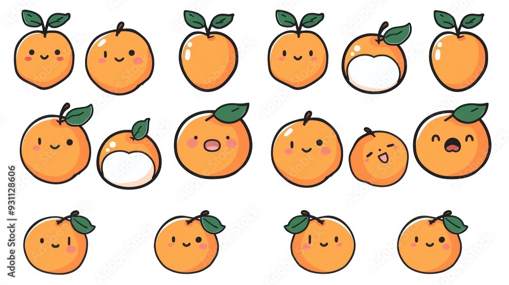 Canvas Prints Set of cute orange fruit cartoon characters with different expressions.