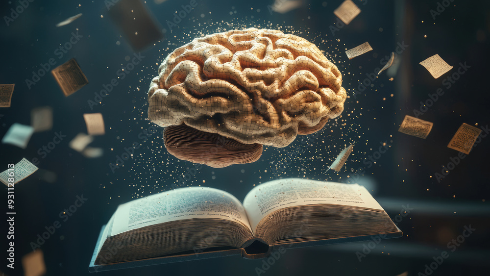 Poster conceptual image of a brain hovering over an open book with pages flying in a dark setting