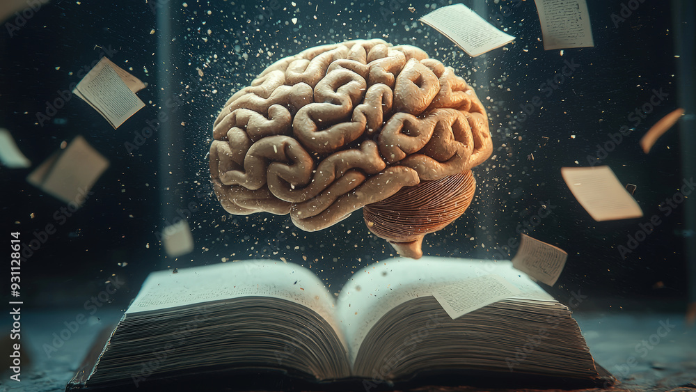 Poster surreal depiction of a brain floating above an open book surrounded by flying pages