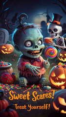 Zombie Baby and Skeleton with Candy in Graveyard with Scary Pumpkins