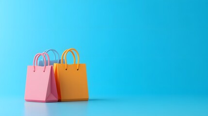 Colorful shopping bags against a vibrant blue background, perfect for retail and promotional themes. Bright and minimalistic composition.