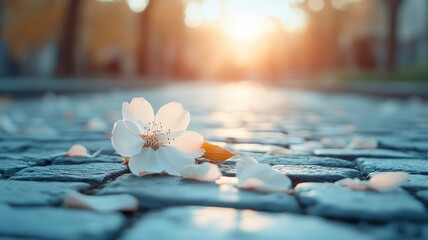 Fallen blossom on cobblestone walkway, symbolizing fragility of nature.