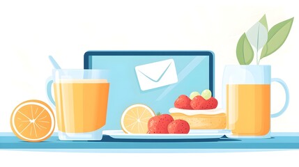 Delicious Breakfast with Laptop and Juice