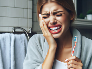 Woman suffering from terrible strong teeth pain, touching cheek with hand painful face grimace , toothbrush in hand, in the bathroom. Tooth pain and dentistry.