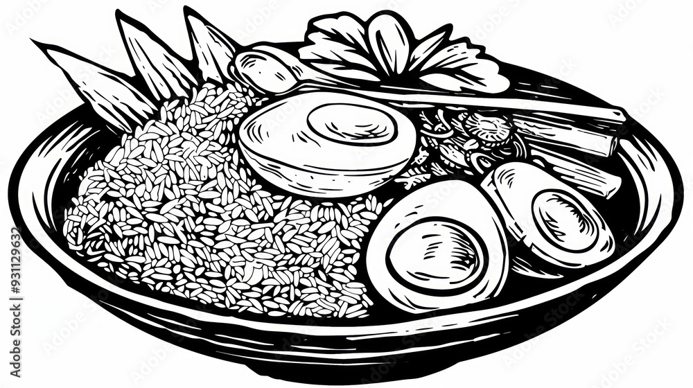 Wall mural Black and white illustration of a bowl of rice with eggs.