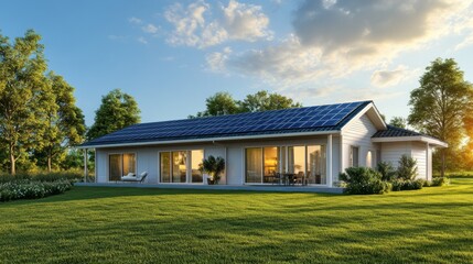 Modern eco-friendly house with solar panels in a scenic outdoor setting at sunset.
