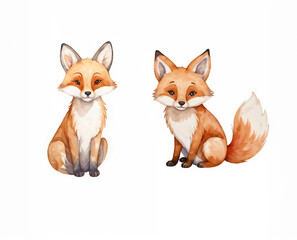 Fototapeta premium Watercolor illustration of two foxes sitting on a white background. Animal character design for print and decoration