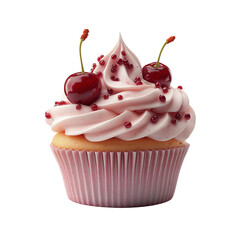 A cupcake with cherry cream and two red cherries on top