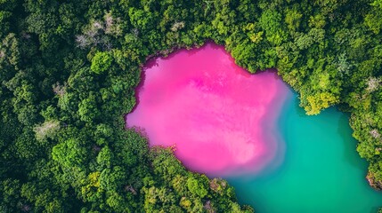 Stunning Aerial View of a Vibrant Pink Lake and Lush Green Forest: Perfect for a Sporty Interior Poster or Nature-Inspired Decor