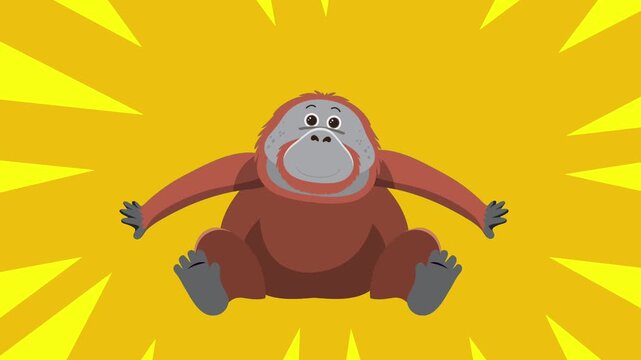 illustration of a cute Orangutans dancing pop up move in a yellow starburst effect 	