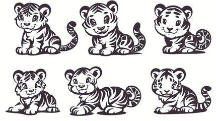 Six cartoon tiger cubs in different poses, black and white, isolated.