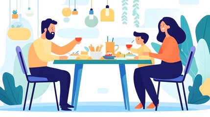 Happy Family Eating Dinner Together Illustration