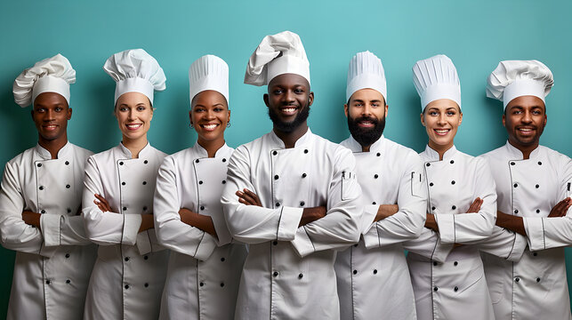 Diverse Team of Professional Chefs in Uniform Posing Together in Studio