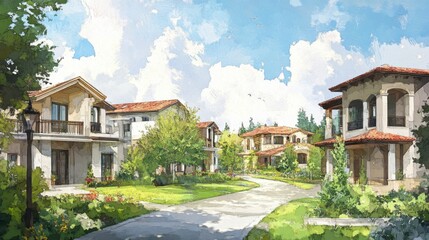 Serene suburban neighborhood with mediterranean-style homes on a sunny day.