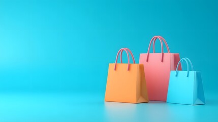 Colorful shopping bags on a blue background, showcasing retail, sale, and shopping themes with vibrant colors and modern design.