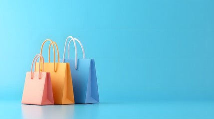 Colorful shopping bags on a blue background, representing retail, shopping, consumerism, and stylish lifestyle with vibrant colors.