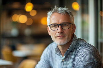 Obraz premium Mature man with glasses sitting in a modern cafe, exuding confidence and wisdom in a relaxed, contemporary environment