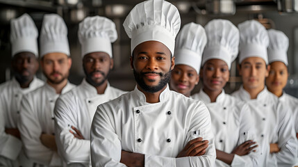 Diverse Team of Professional Chefs Posing in Uniform on Plain White Background