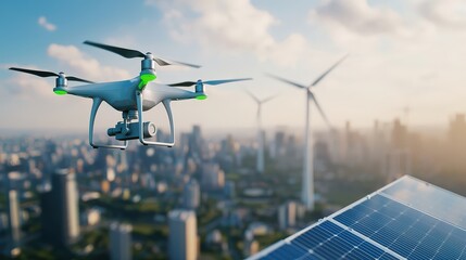 A drone delivering a package in a green city with wind turbines and solar panels in the background