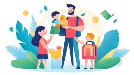 Fototapeta premium Happy Family Going Back To School Illustration