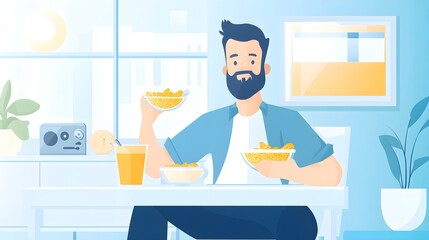Man Eating Cereal at Breakfast in Modern Home