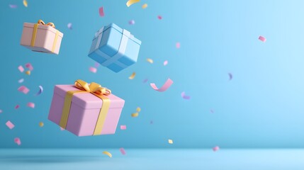 Obraz premium Floating colorful gift boxes with ribbons and scattered confetti on a light blue background. Celebration and festive concept.