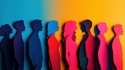 Colorful paper cutout silhouettes of diverse people against gradient background.