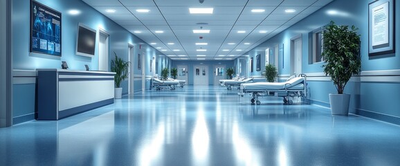 Empty Hospital Corridor With Info Counter And Beds, Modern And Clean
