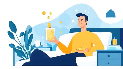 Fototapeta premium Man Enjoying Snacks in Bed, Happy Relaxation