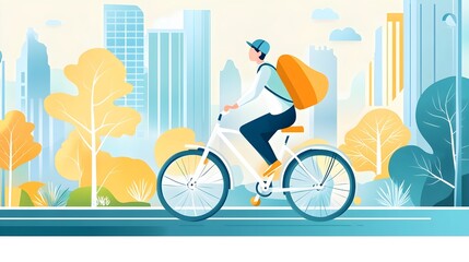 Man Riding Bicycle Cityscape Urban Lifestyle Illustration