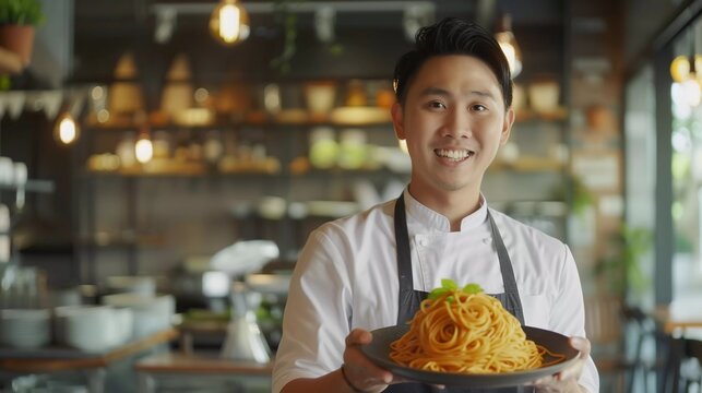 smile asian bartender that hlding a burger in the restaurant background realistic photography