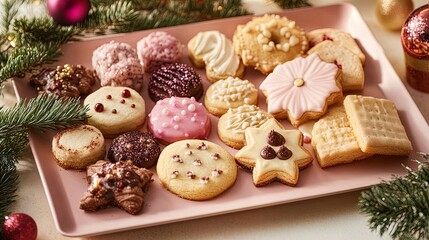 Fototapeta premium Delightful Holiday Cookie Arrangement: A Festive Poster for Your Cozy Kitchen or Dining Room, Showcasing Artfully Decorated Cookies on a Pink Tray with Evergreen and Colorful Baubles