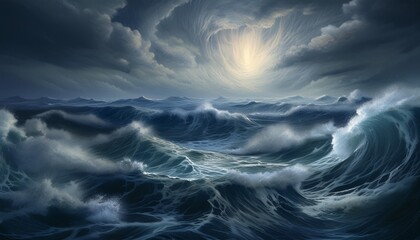 荒れ狂う海の上に立つ大きな雲と廃墟の風景画