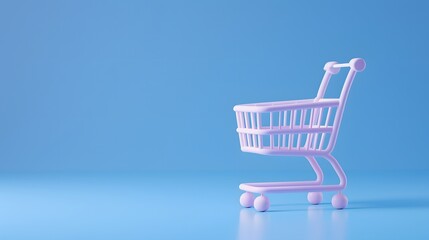 Minimalist image of a pink shopping cart on a blue background, representing online shopping and e-commerce concepts.