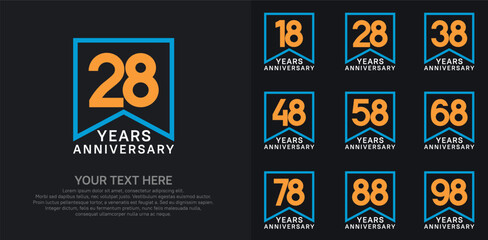 Naklejka premium anniversary logotype set. orange, white and blue color can be use for celebration
