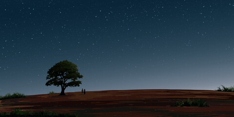 Night at minimalist hill landscape and big tree with silhouetted couple of lover have night sky with a lot of stars background graphic illustration. © Wasitt