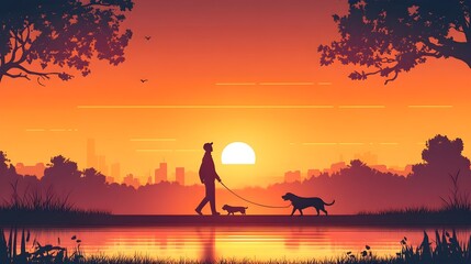 Fototapeta premium Man Walking Dog at Sunset with City Skyline Silhouette