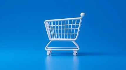 Minimalist white shopping cart on blue background, symbolizing retail, shopping, and consumerism concepts in a modern, clean design.
